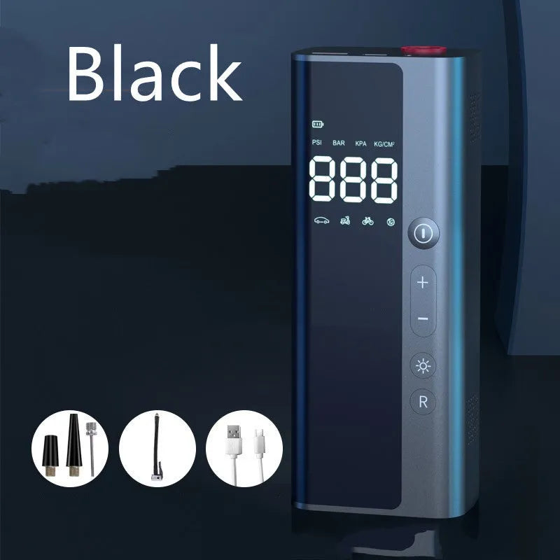 Portable wireless digital air pump on a car tyre with LED light and USB cable