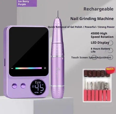 Rechargeable electric nail polishing machine in purple or dark grey with USB charging, one nail buffing machine set