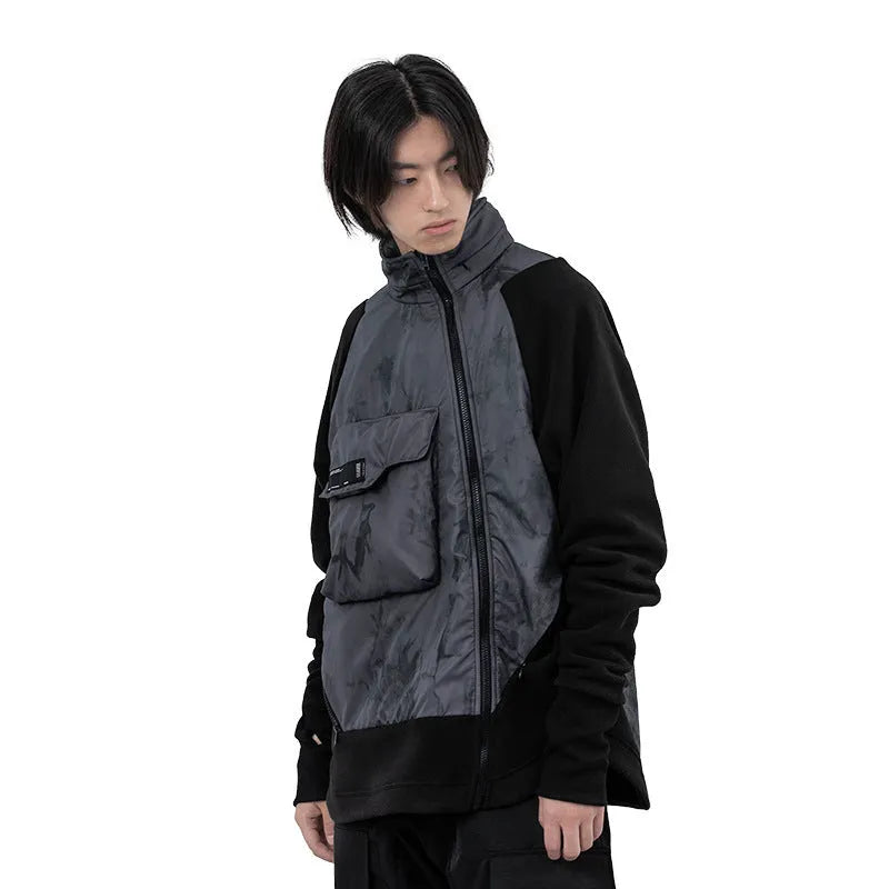 Men's black loose hooded fleece jacket with trend stitching, cotton material, available in sizes M to XXL.