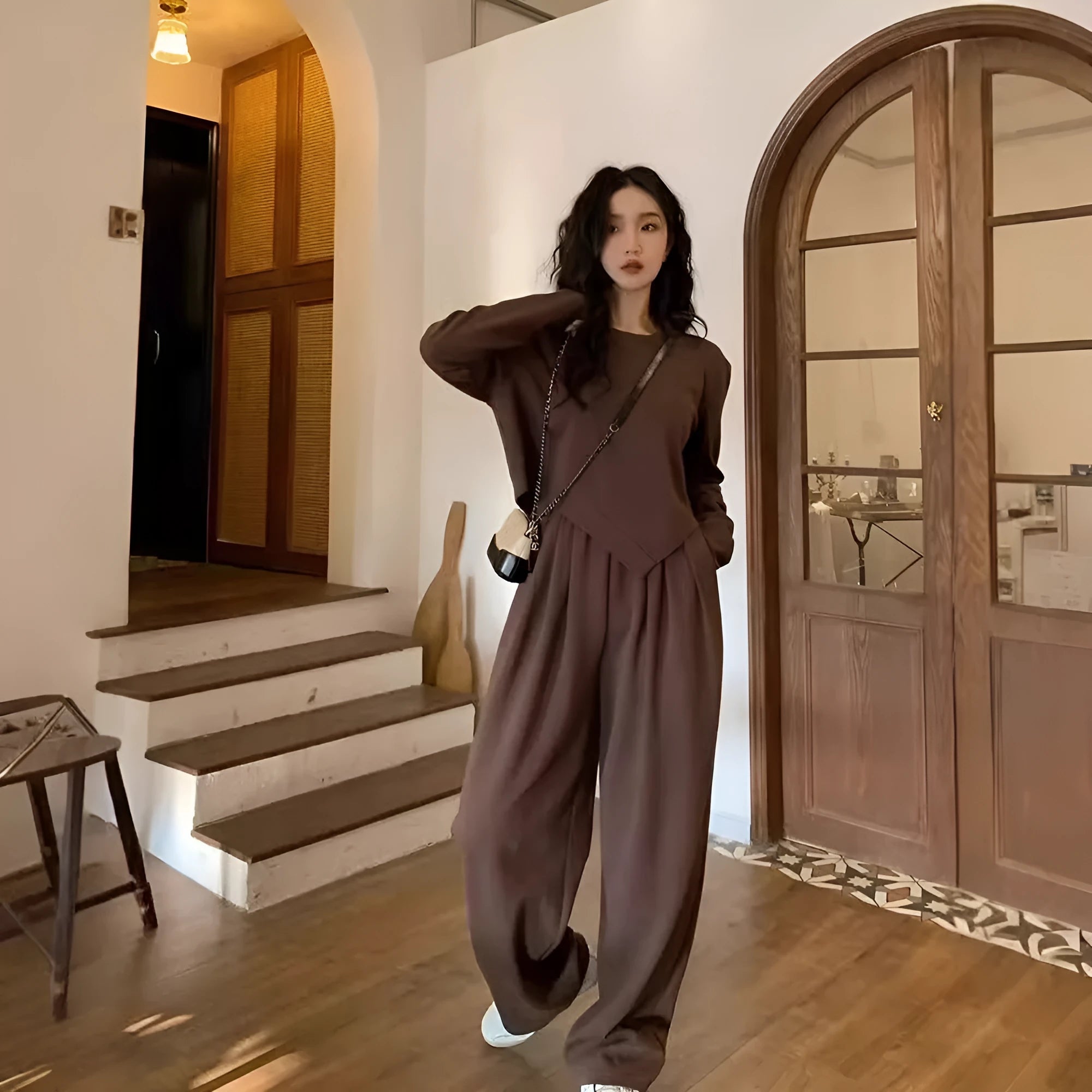 Women's khaki polyester casual sports suit two-piece set with long sleeves and trousers.