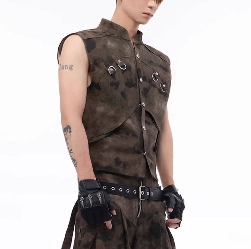 Men's denim vest and camouflage trousers two-piece set with semi-high collar and single-button fastening