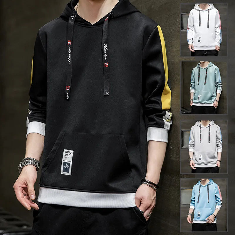 Men's casual printed loose long sleeve hooded top in polyester, letter pattern, sizes M-4XL
