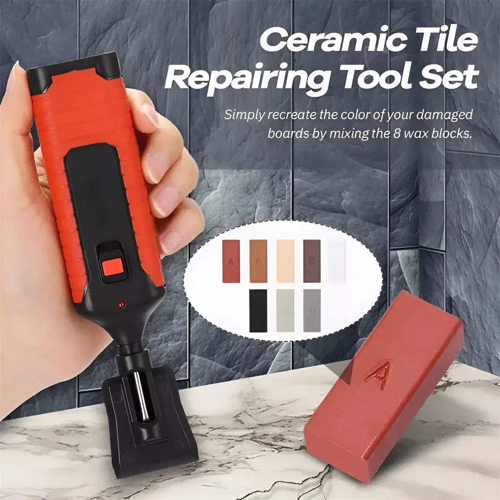 Red and yellow handle floor repair tool with wax colour sticks for DIY tile restoration