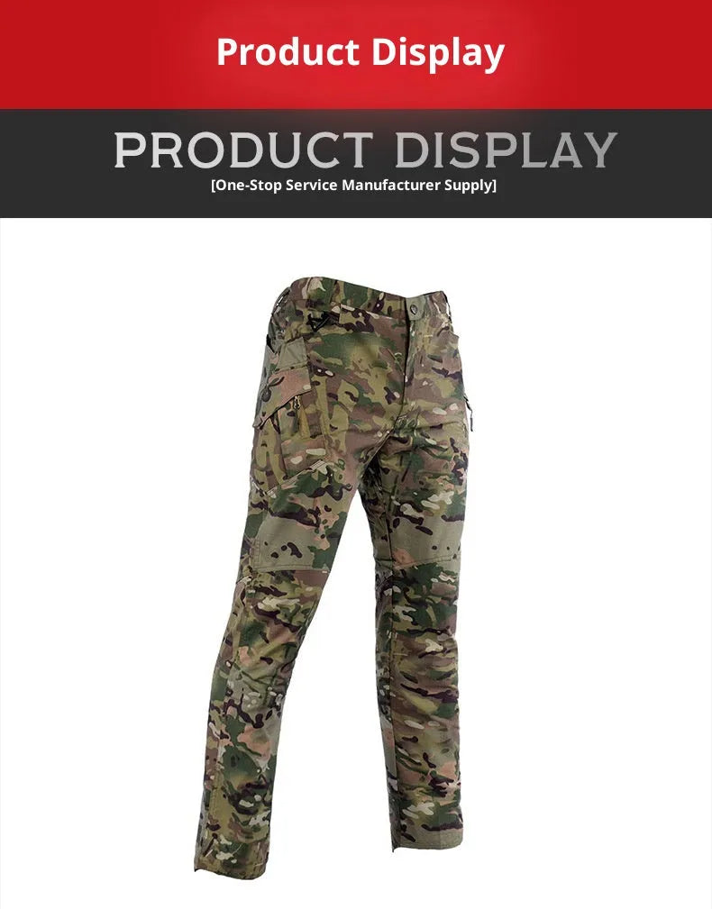 Men's khaki camouflage cargo trousers with straight leg and multiple pockets, cotton blend outdoor hiking trousers