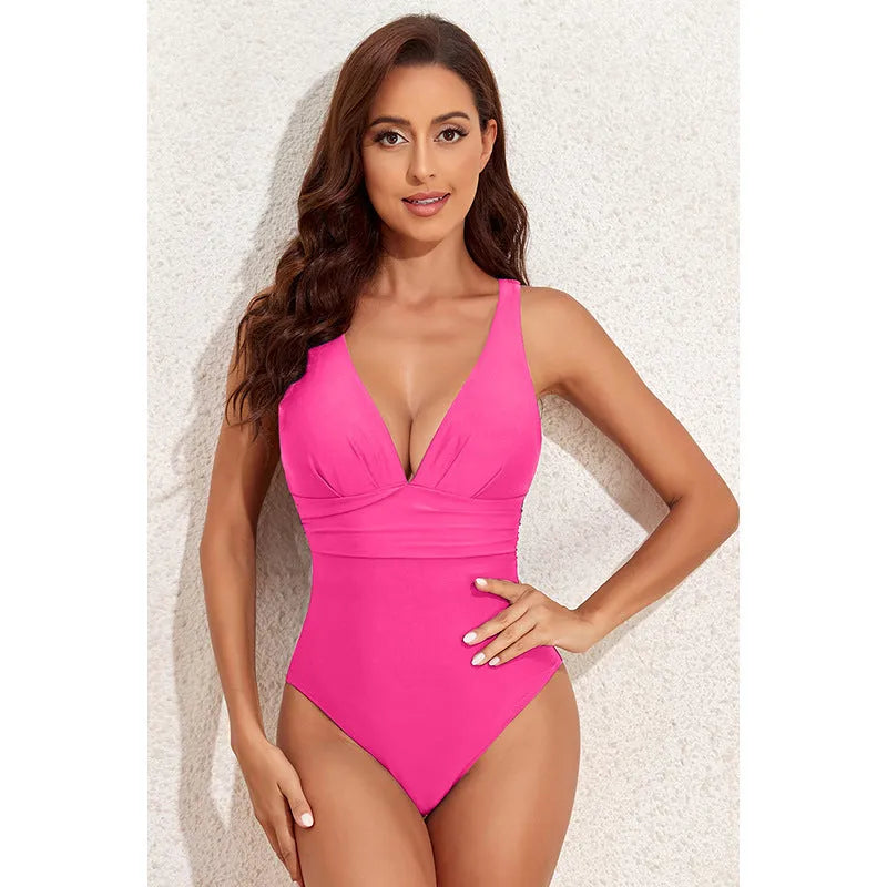 Women's minimalist cross shoulder one-piece swimsuit in solid colour nylon