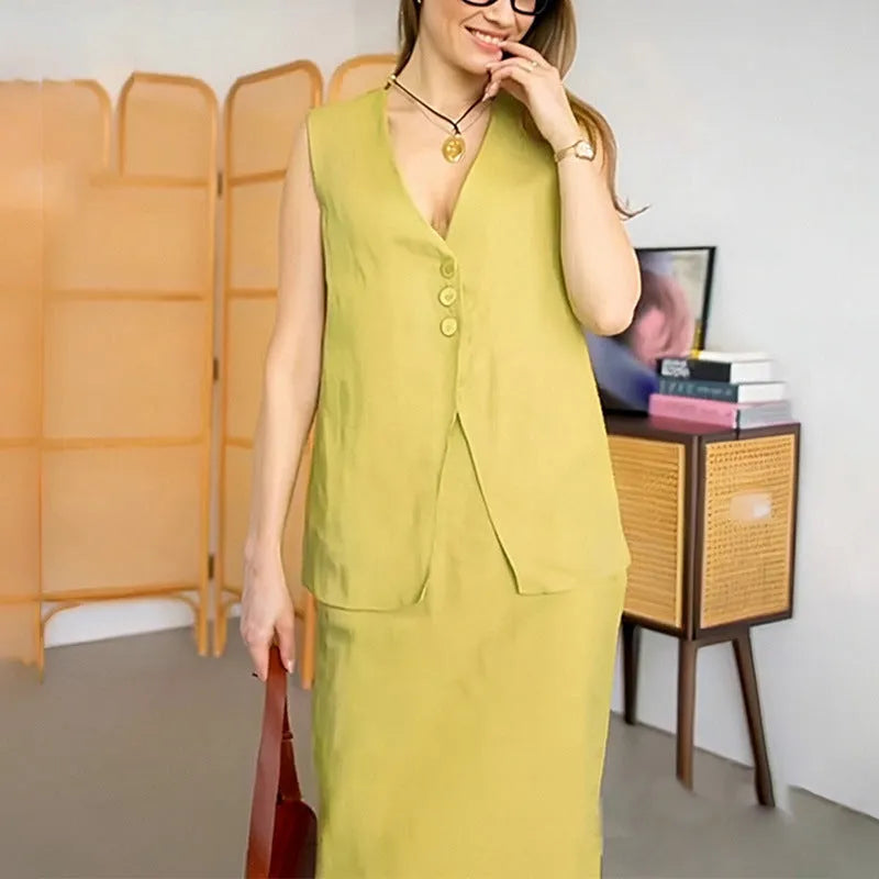 Women's casual two-piece set with sleeveless vest and long skirt in white, blue or yellow