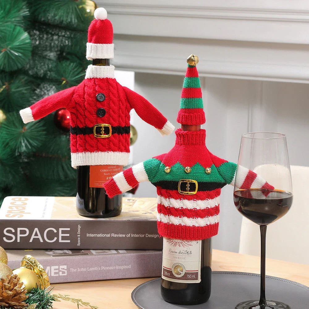 Festive knitted wine bottle covers in red and green stripes and red belt designs, perfect for Christmas and holiday decor