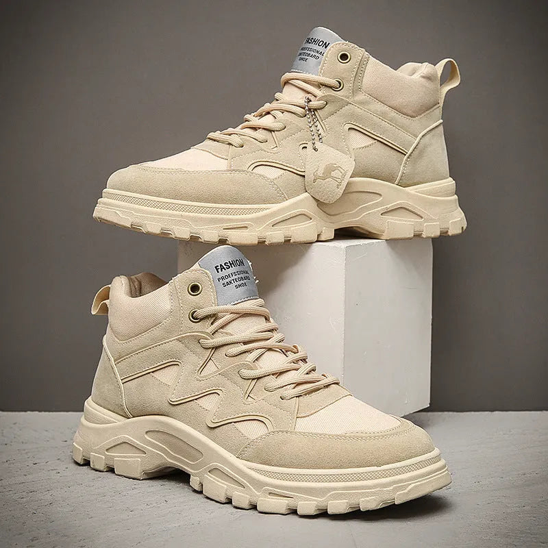 Men's high-top casual shoes with thick sole, mid heel 3-5cm, artificial PU upper, cotton lining, front lace-up, black khaki beige brown.