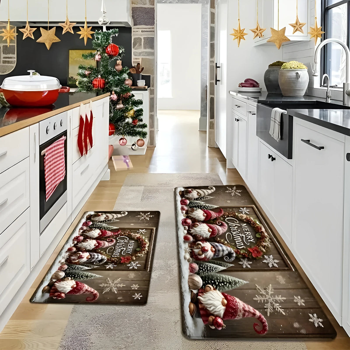 Christmas cartoon kitchen mat set of 2, anti-slip polyester doormat with skin-friendly suede finish, square printed rug