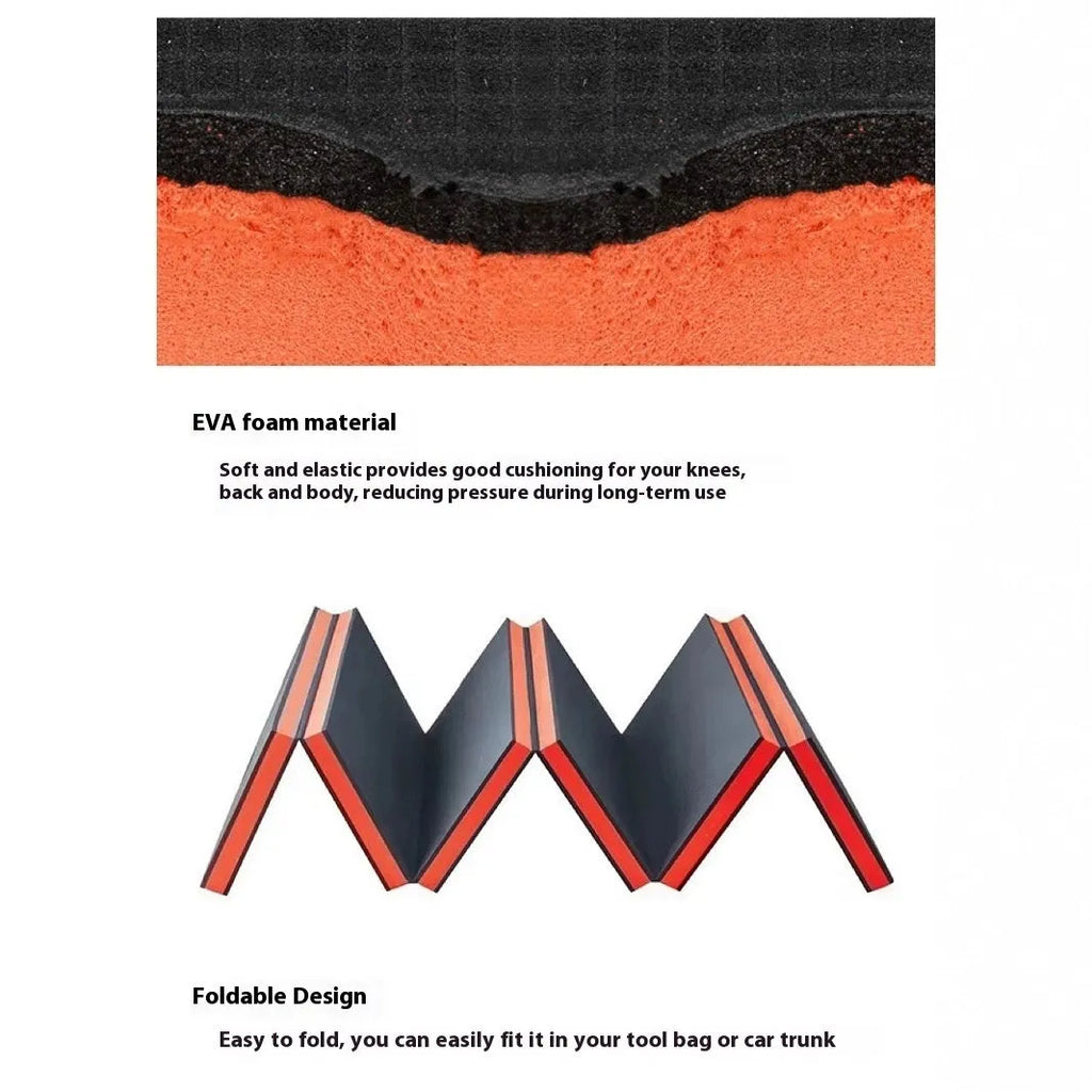 Folding EVA kneeling mat for car repair work with dimensions 116x40x2.5cm shown open and folded
