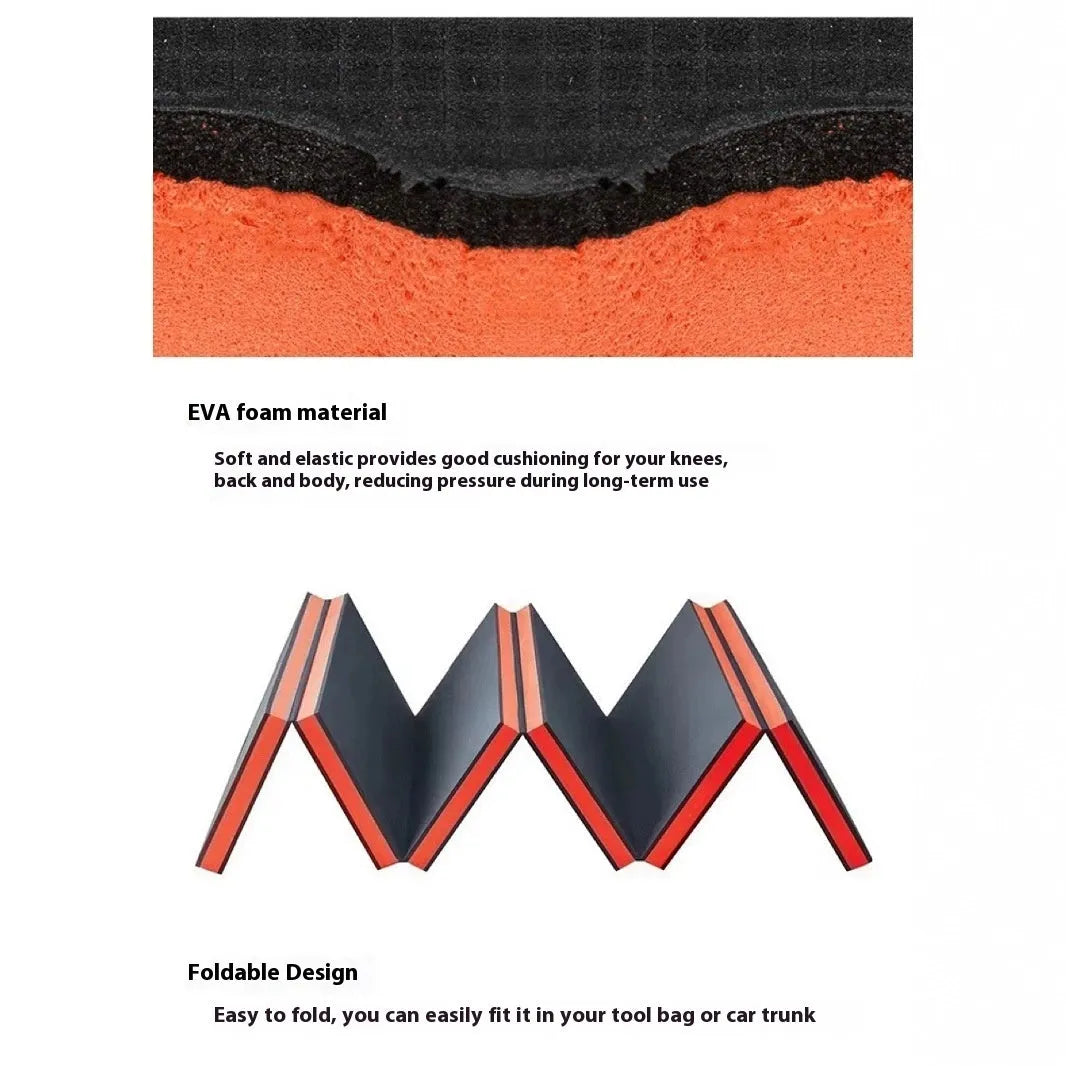 Folding EVA kneeling mat for car repair work with dimensions 116x40x2.5cm shown open and folded