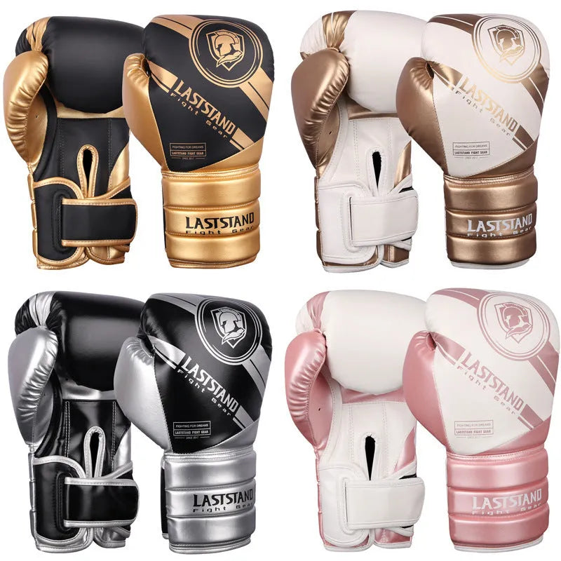 A pair of professional PU leather boxing gloves for Sanda training, shown in black and silver colour.