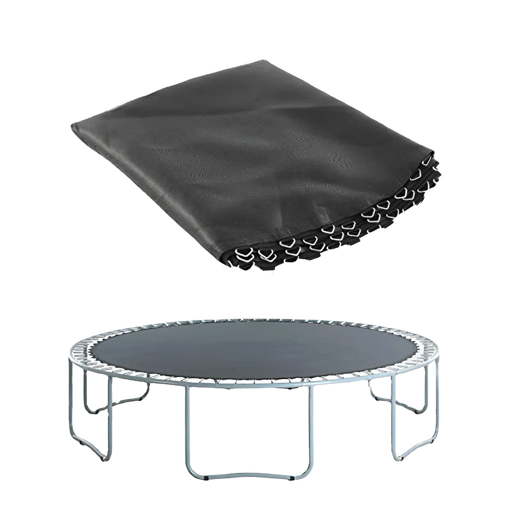 Large round white trampoline elastic fabric replacement mat with multiple attachment buttons around the edge.