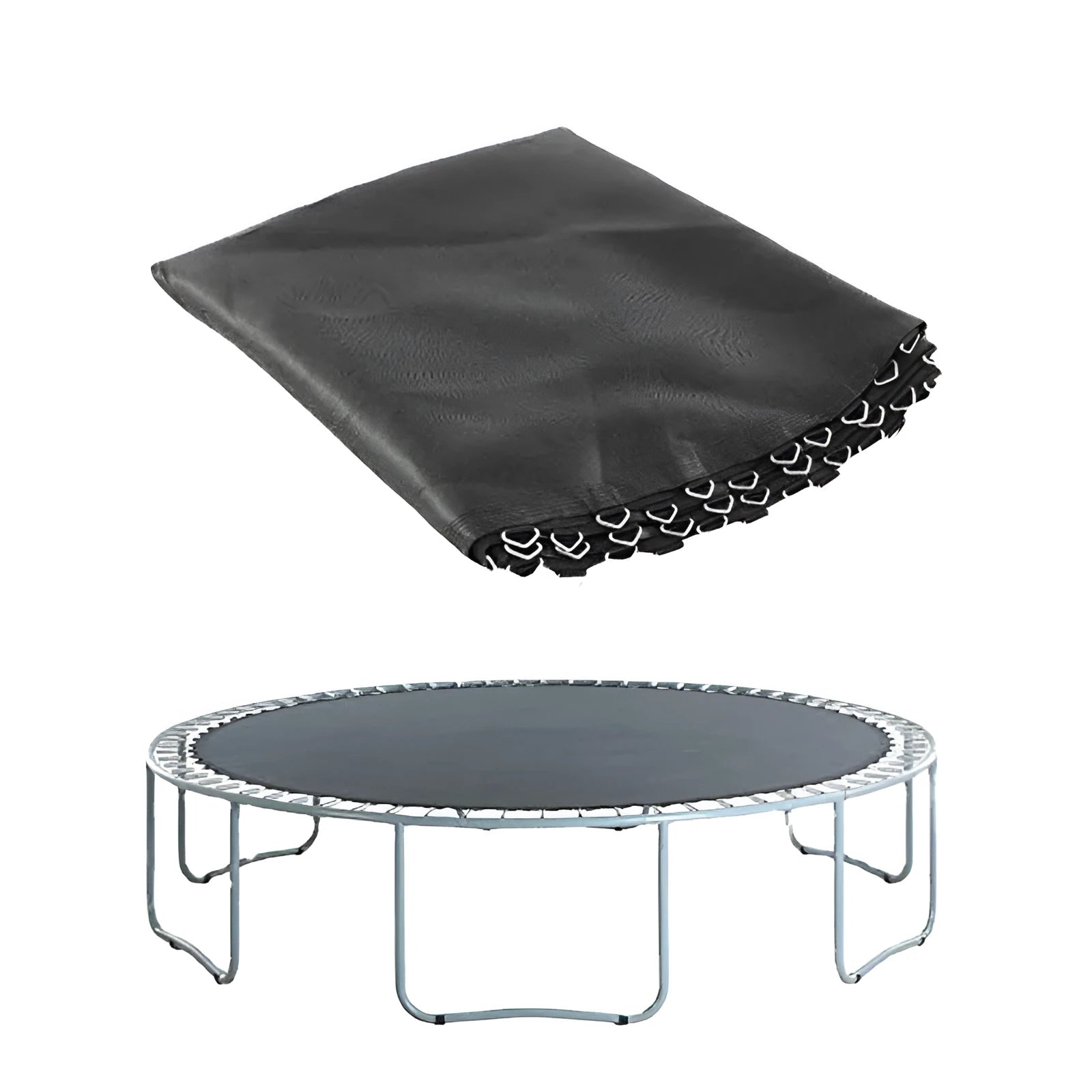 Large round white trampoline elastic fabric replacement mat with multiple attachment buttons around the edge.