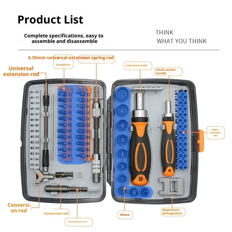 68-in-1 ratchet screwdriver set with chromium-vanadium steel blades and phosphated finish