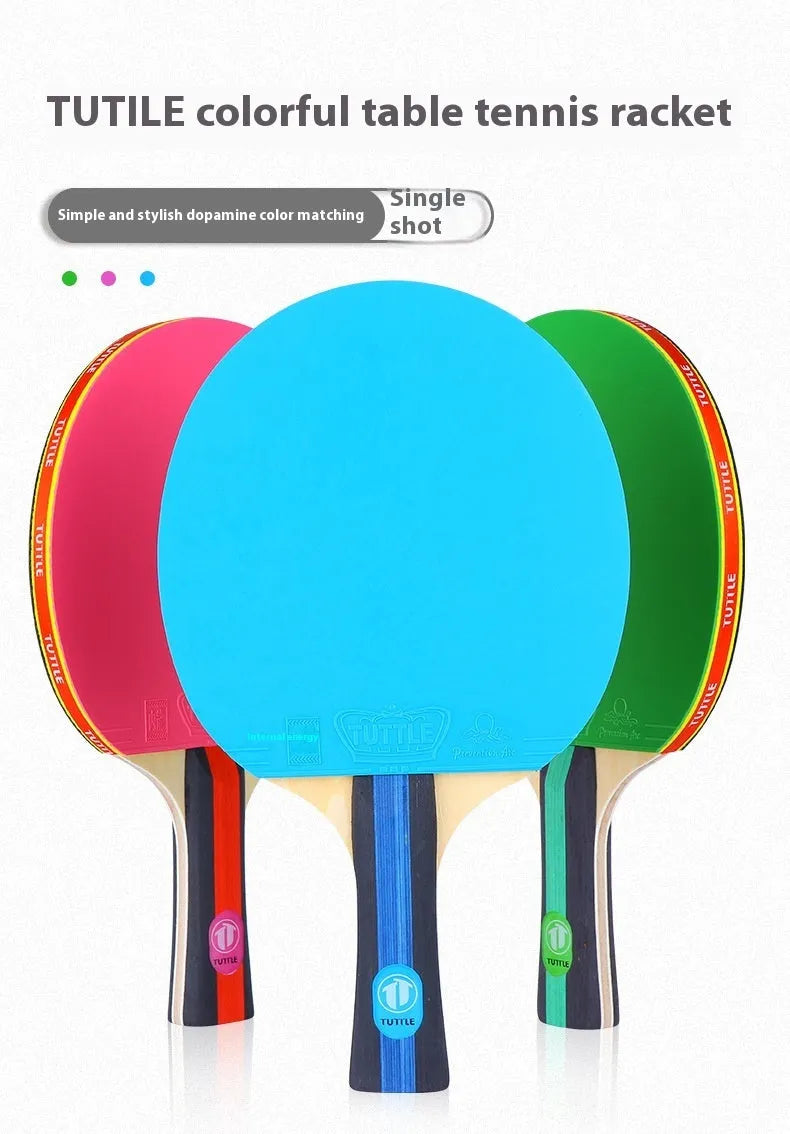 Table tennis racket with cover and bag in pink, blue and green shakehand grip colours
