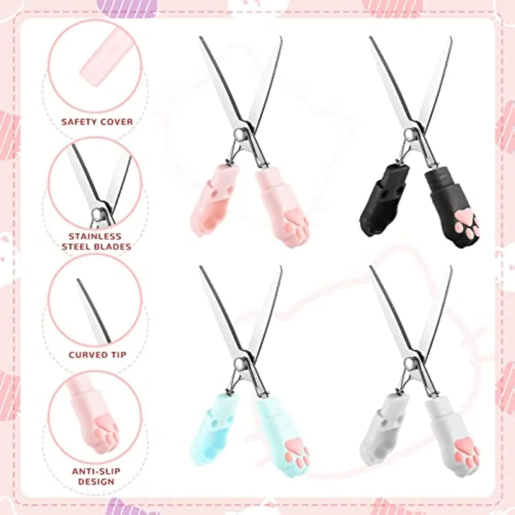 Small folding cat paw mini scissors with stainless steel blade in pink, white, black, and blue colour options.