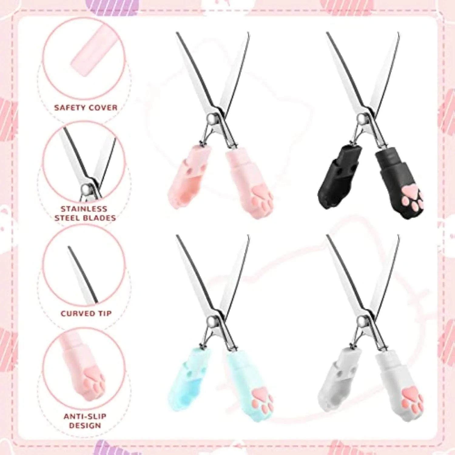 Small folding cat paw mini scissors with stainless steel blade in pink, white, black, and blue colour options.