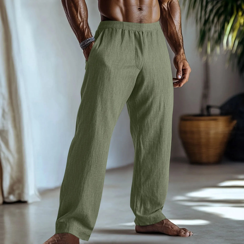 Straight-leg casual trousers in cotton and linen fabric on a hanger.