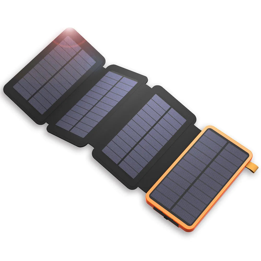 Outdoor solar power bank with waterproof black casing, solar panel, LED light, and USB ports
