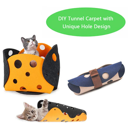 Cozy felt cat tunnel with peepholes, providing interactive playtime and a comfortable hideaway for cats