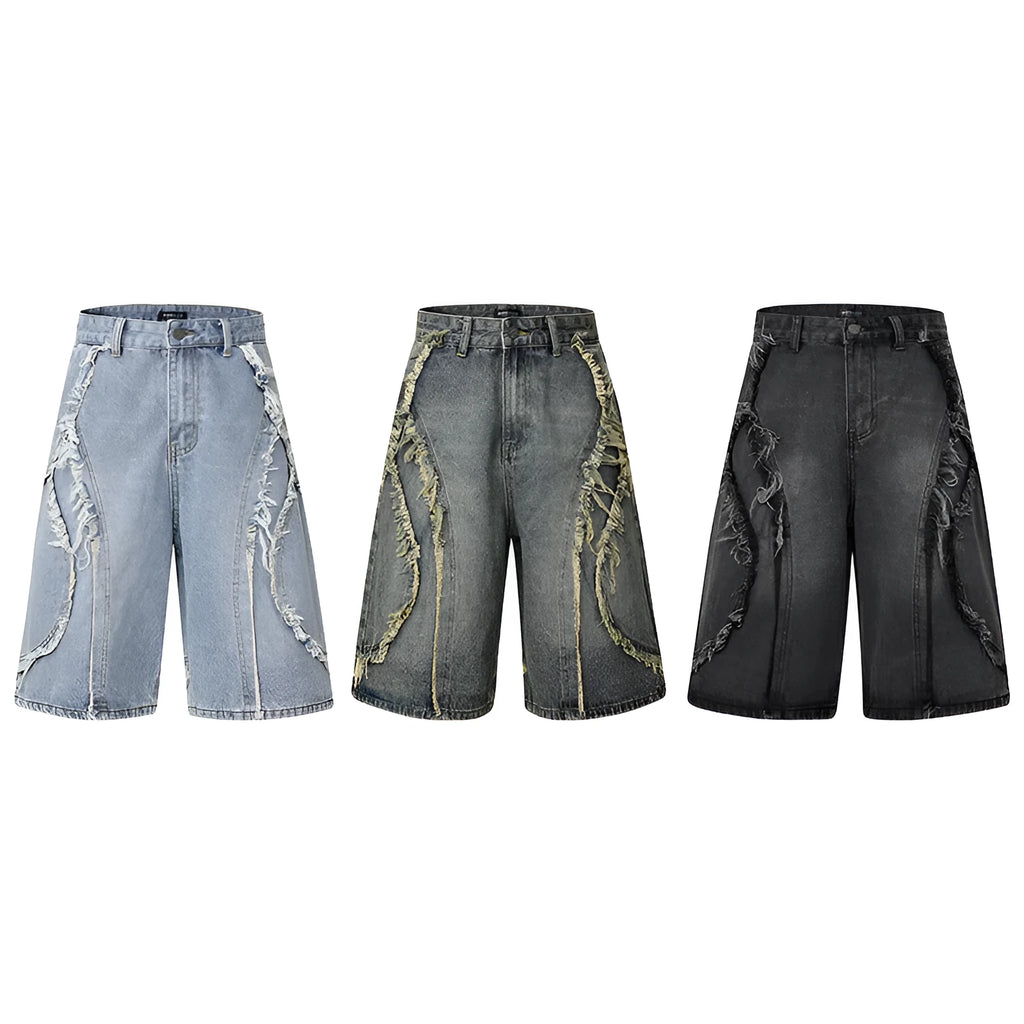 Distressed raw edge denim shorts in straight leg cut, shown in light blue.