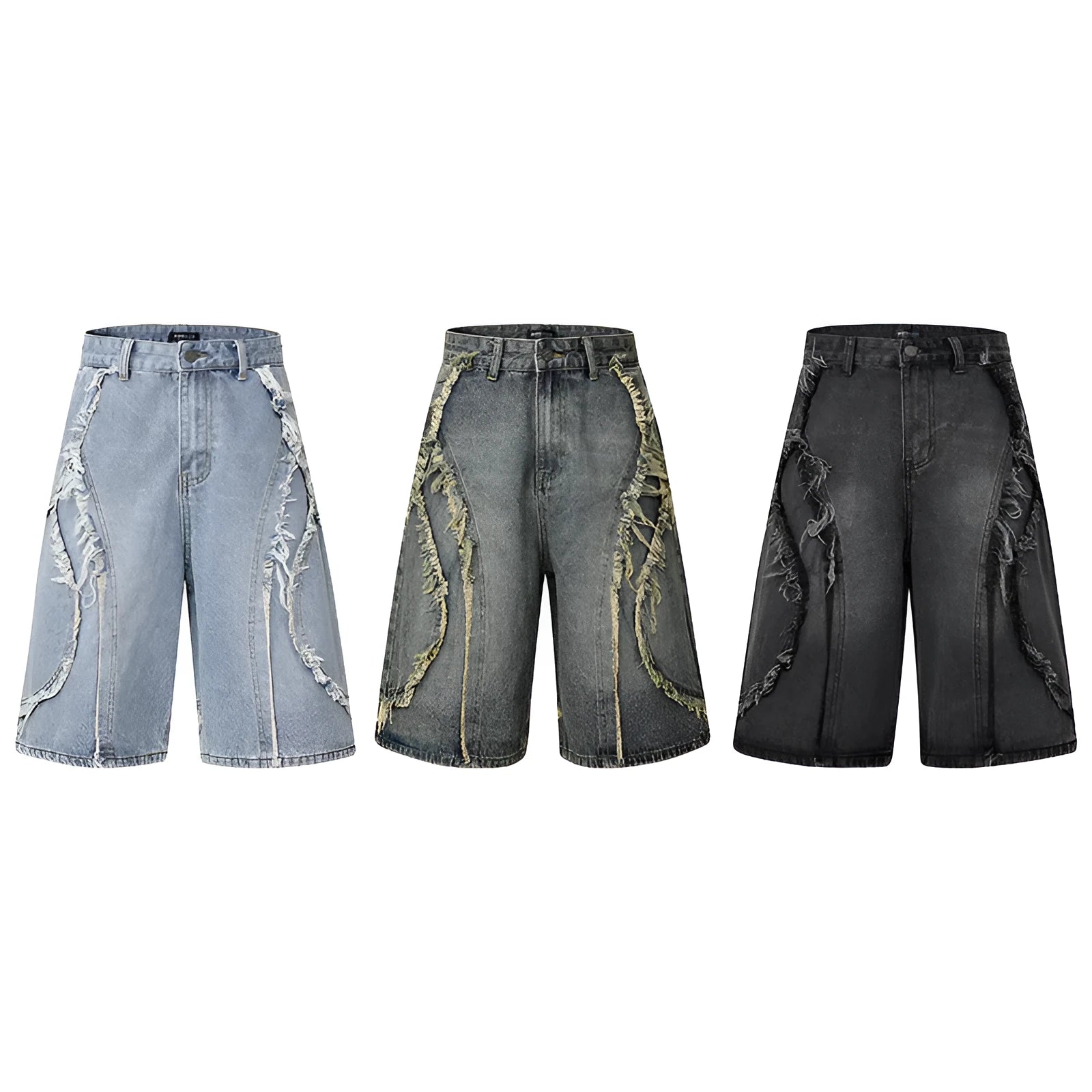 Distressed raw edge denim shorts in straight leg cut, shown in light blue.