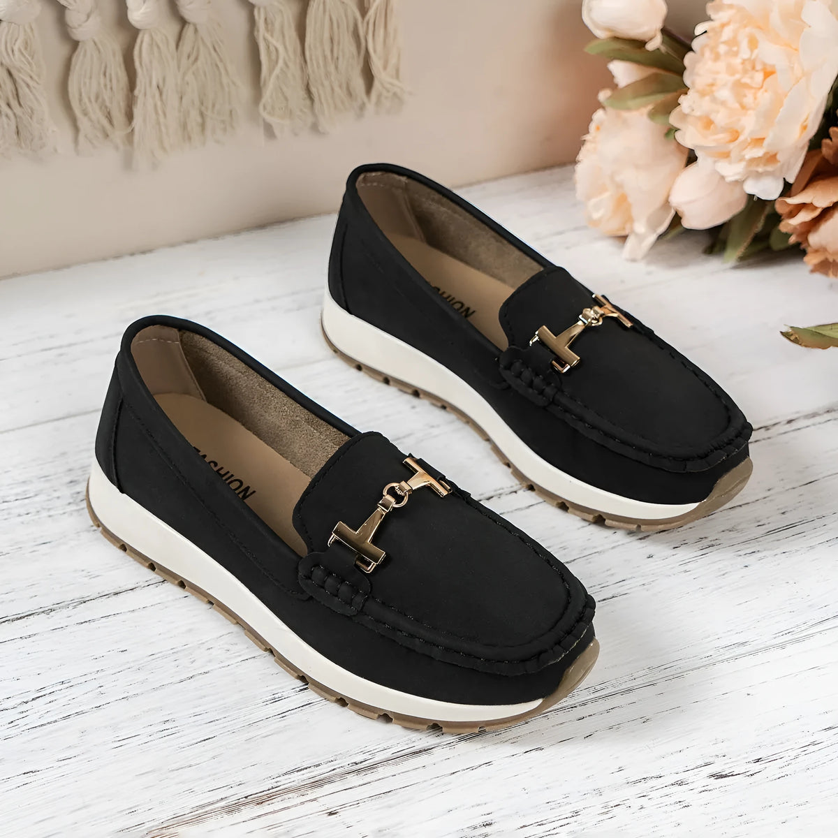 Women's non-slip soft bottom loafers in black or beige, PU upper, round toe, sizes 36-41