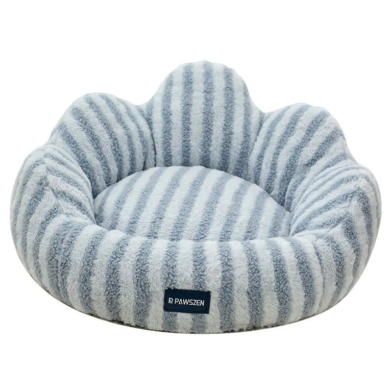 Petal cat nest thickened warm kennel in light blue or coffee striped flower nest, sizes small medium large