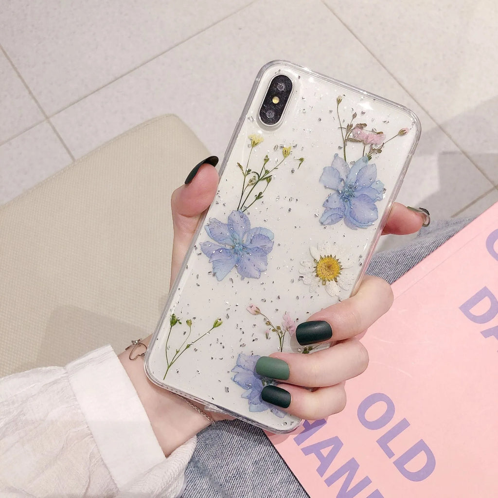Fashion glitter real dry pressed flower phone case in transparent silicone with daisy flowers and epoxy finish