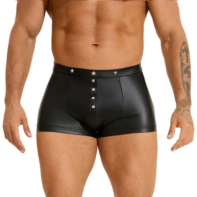 Black PU leather men's boxer shorts with U-pouch design showing front view
