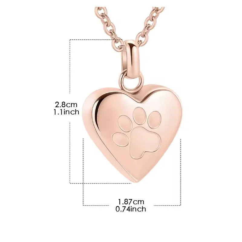 Polished titanium steel heart pendant necklace with paw print, openable casket design.