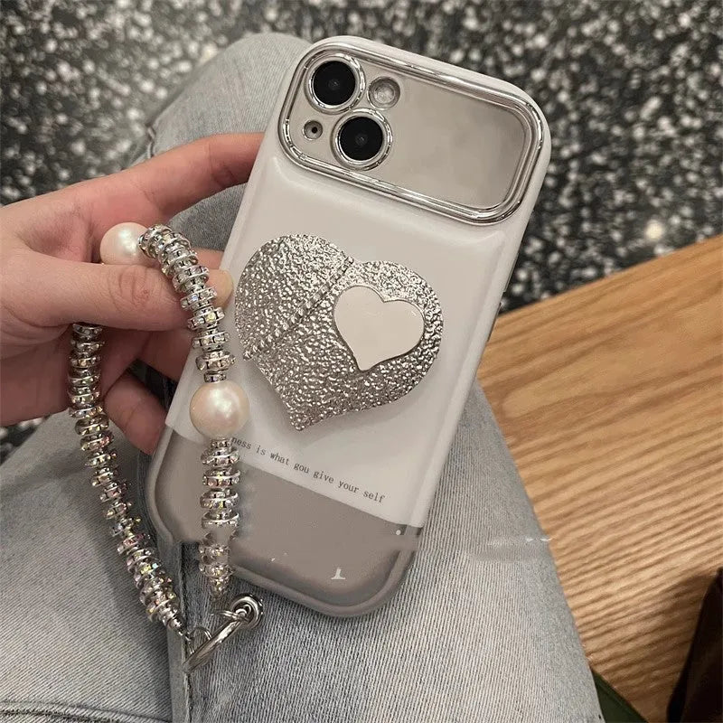 Silver white Korean style TPU phone case with electroplated love bracket for iPhone 14 Pro Max