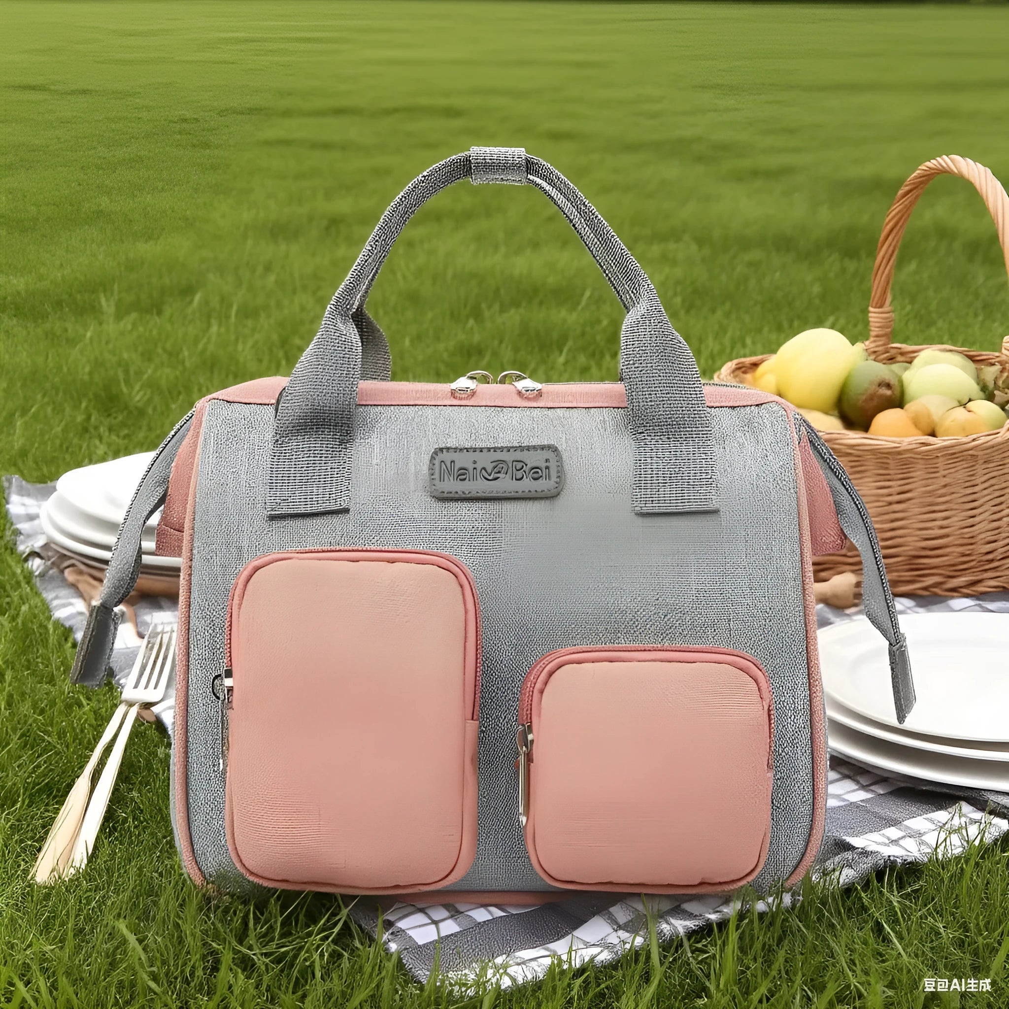 Large grey women's handbag made from Oxford cloth with an external pocket.