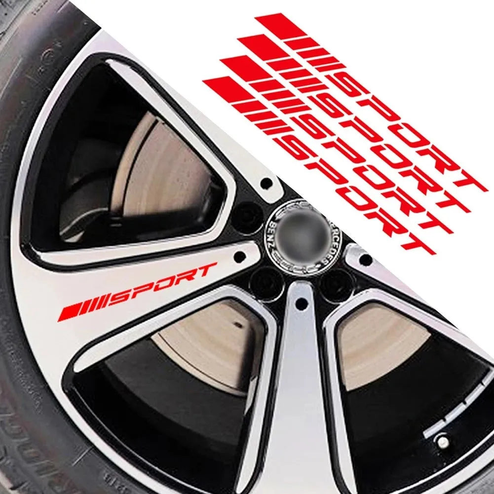 Hollow sports design car rim sticker in red, black, or white for wheels and handles.