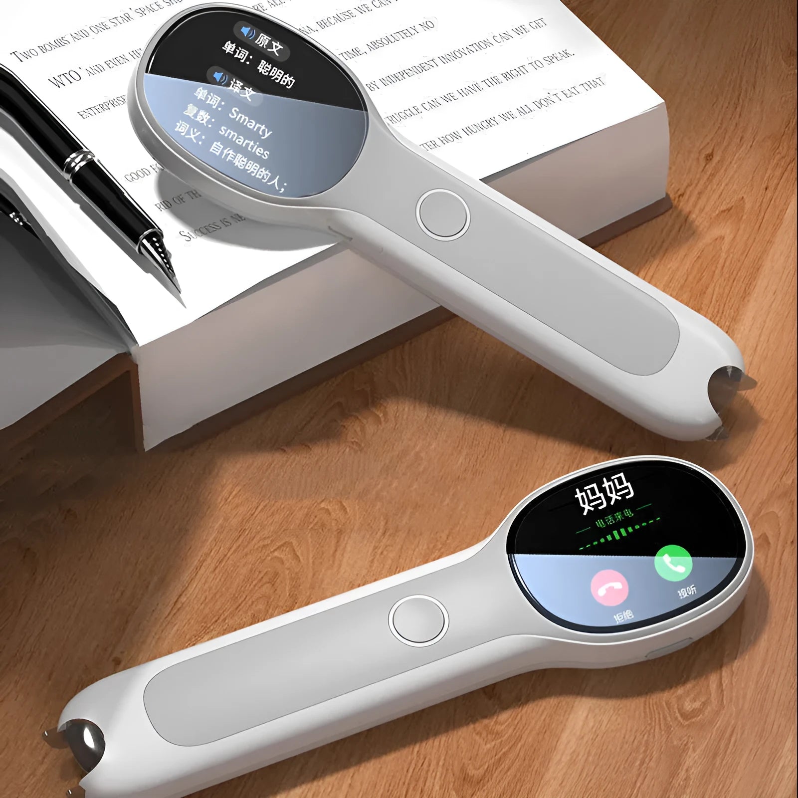 White electronic reading pen with USB charging cable for unlimited book compatibility and bilingual support