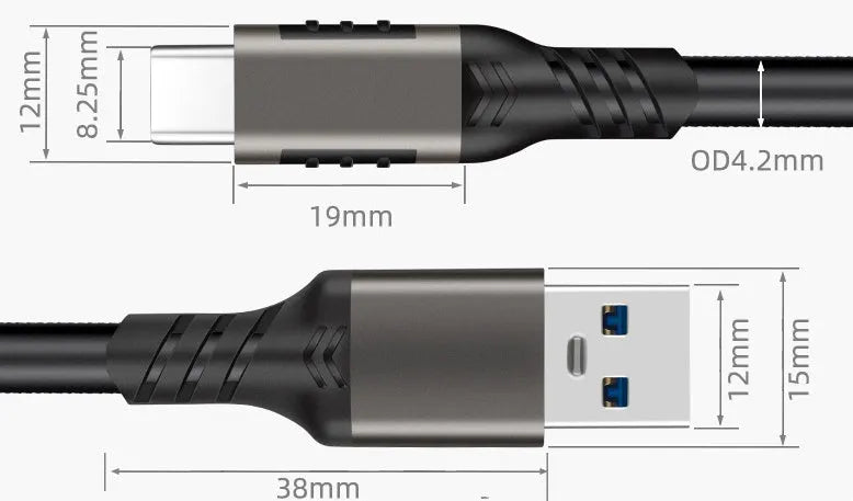 USB Type-C data cable with gun colour aluminium or braided finish, 3A 60W, lengths 0.5m to 3m
