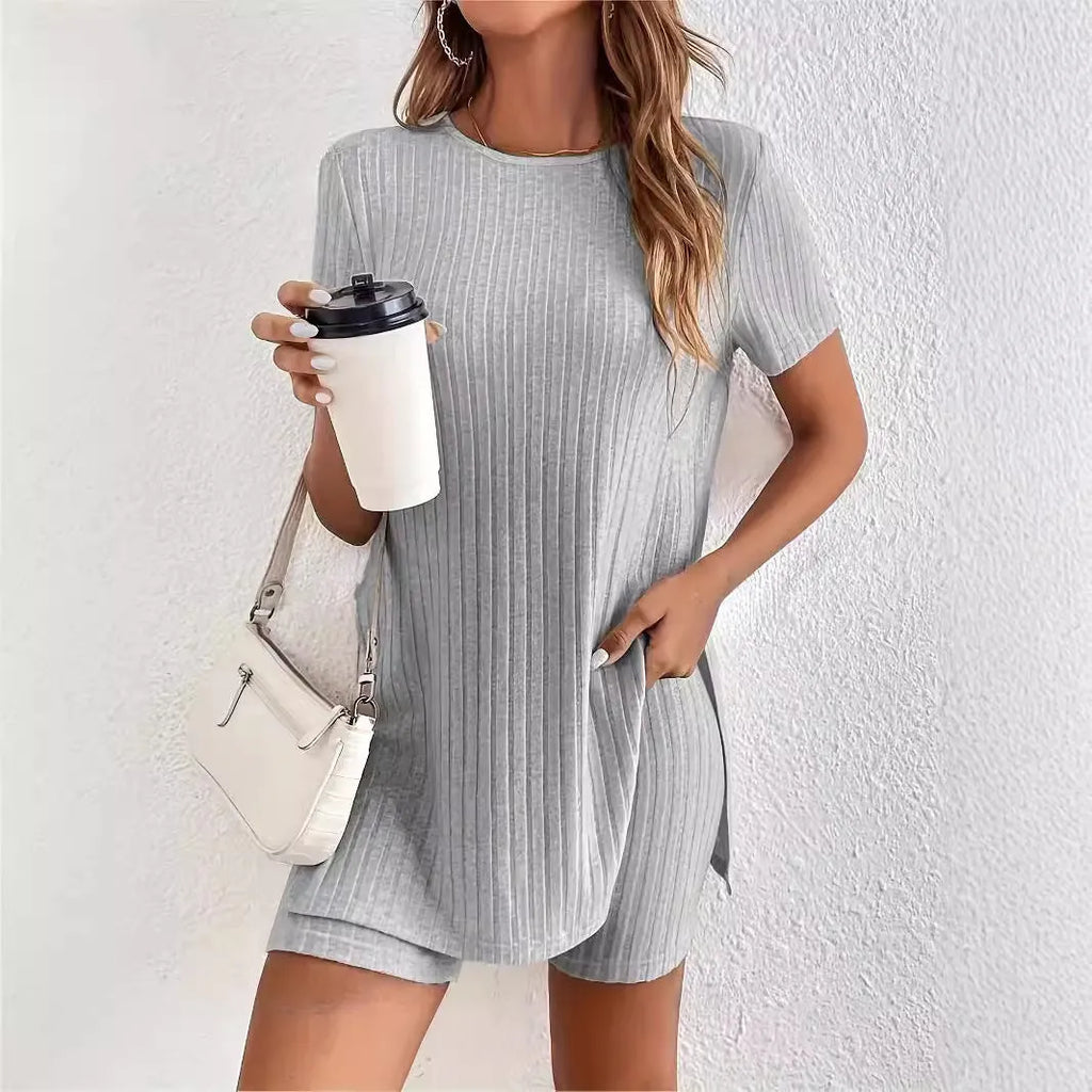 Women's cotton crew neck shorts suit in grey with half sleeve top and matching shorts showing ribbed texture detail