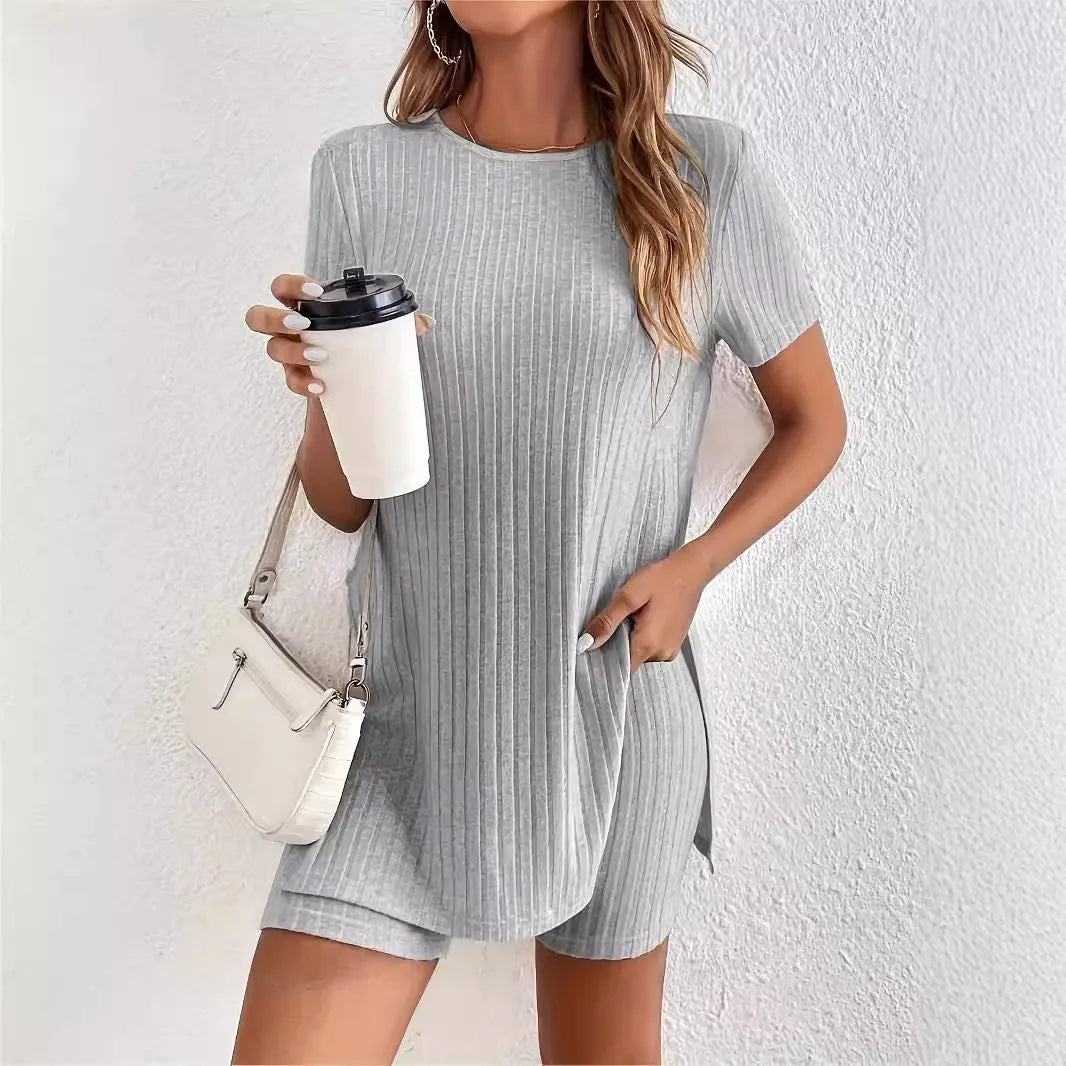 Women's cotton crew neck shorts suit in grey with half sleeve top and matching shorts showing ribbed texture detail