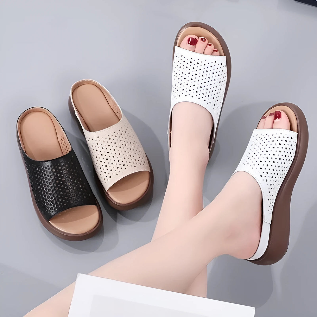 Peep toe platform heel women's slippers with ethnic pattern, PU upper, rubber sole, beige colour
