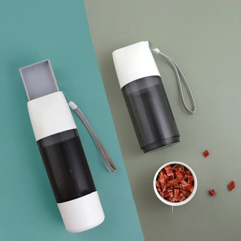 Portable pet water bottle with food compartment, made of durable ABS material and silicone seal for leak-proof use