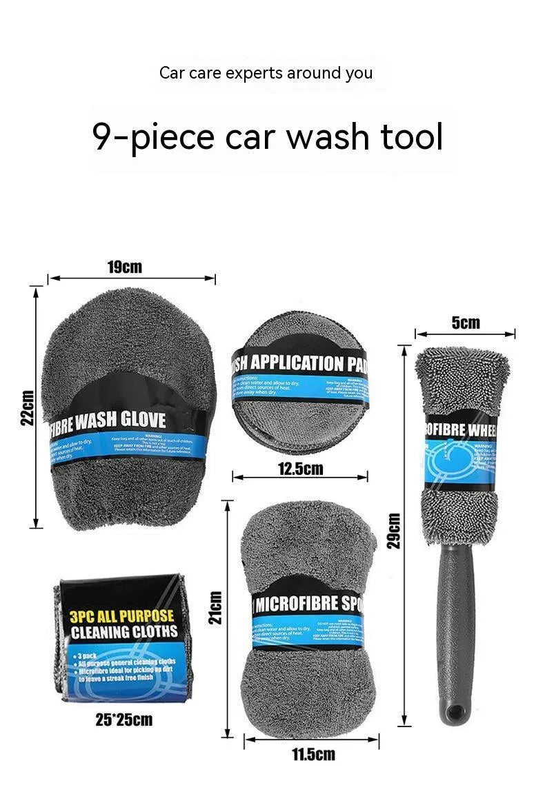 9-piece grey microfiber car wash cleaning set with gloves, sponge, tyre brush, wipes and towels