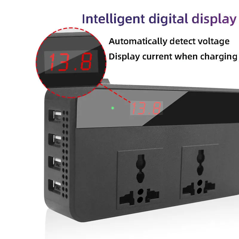 Automotive power inverter with PC fireproof housing showing AC and USB outputs, 149x74x35mm