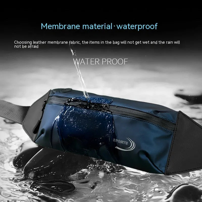 Men's waterproof sports waist bag in black, blue or grey made from 600D Oxford polyester.