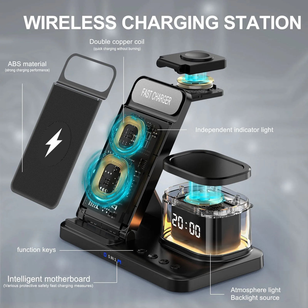 Black foldable wireless charging stand with USB outlet, QC3.0 fast charging and 15W maximum output