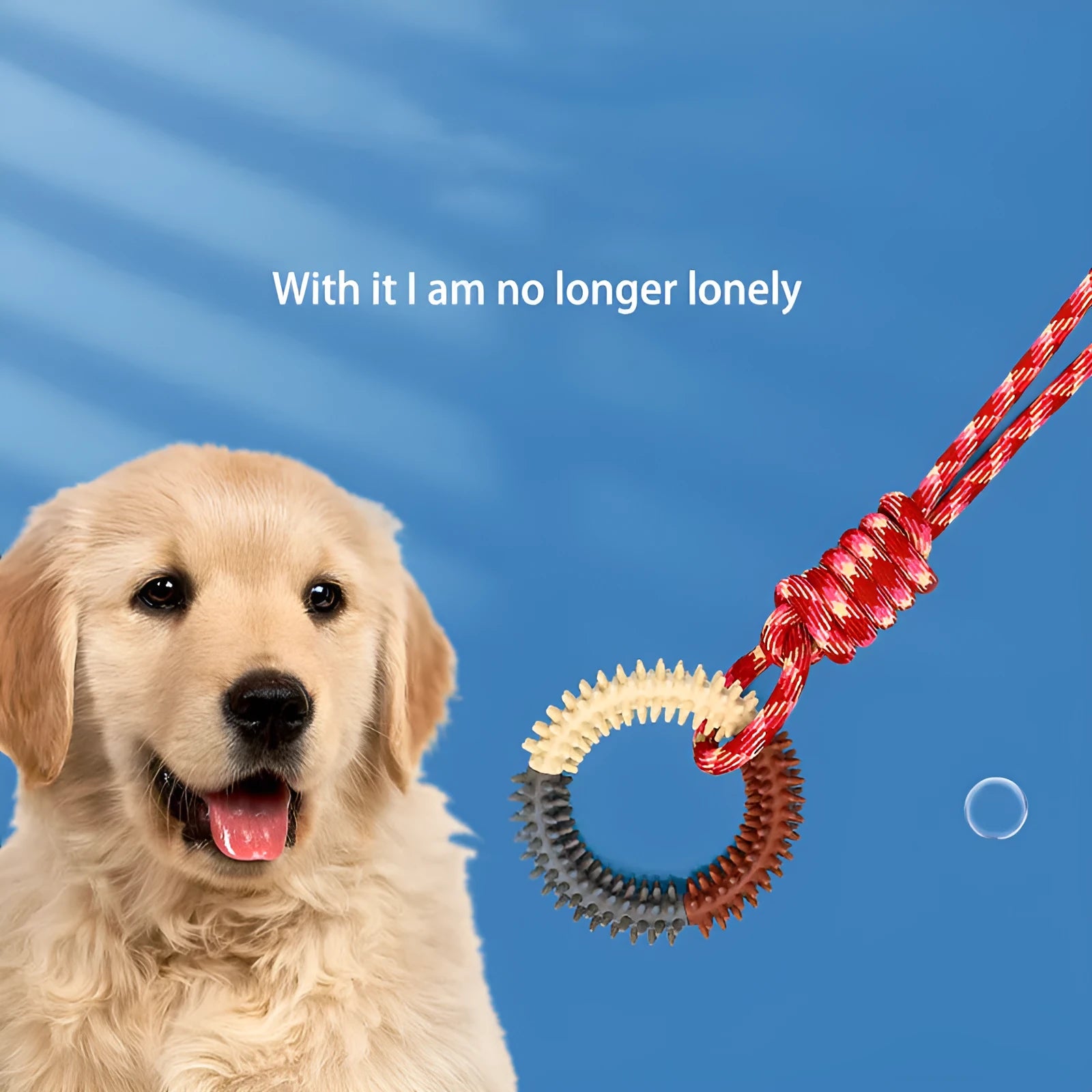 Blue braided rope dog toy with a central knot, shown next to a tape measure indicating its 43cm length.