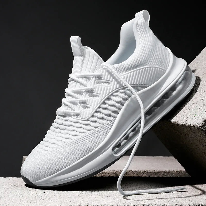 Men's low-top mesh sneaker in black with white sole and lace-up front.