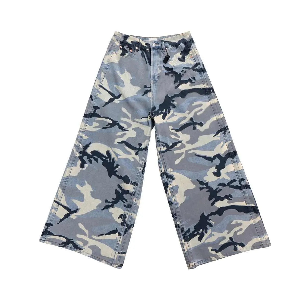 Snow camouflage blue loose fit cotton denim jeans with micro-elastic properties and mid-waist design