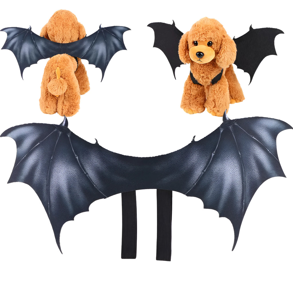 Black cloth bat wing costume for pets on a dog, showing three size options for Halloween.