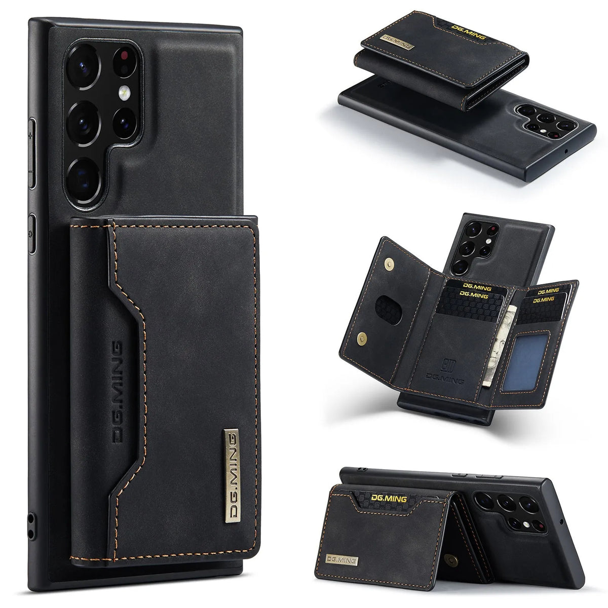 Magnetic card holder 2-in-1 wireless charging case for Samsung, black PU leather, card slot visible.